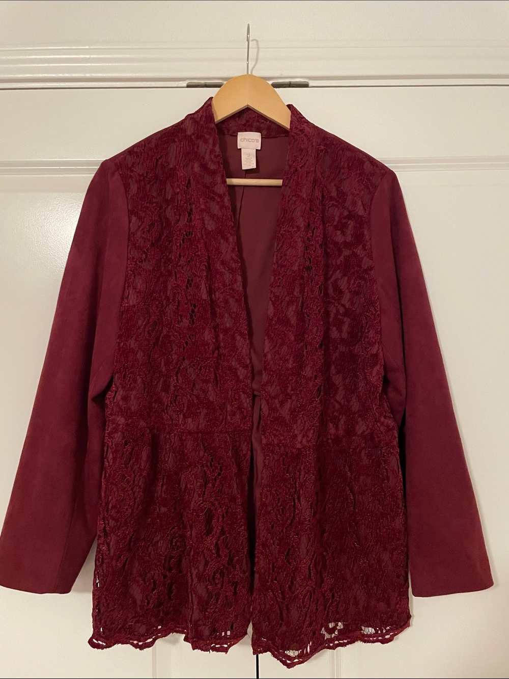 Chico's Women's Burgundy Lace-Front Open Jacket